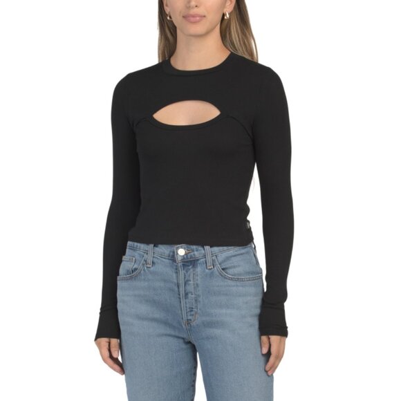 MONDETTA Black Ribbed Long Sleeve Cut Out Top - Picture 1 of 2